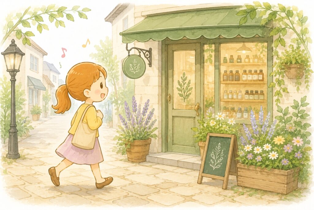 精油を買える店舗を歩く様子