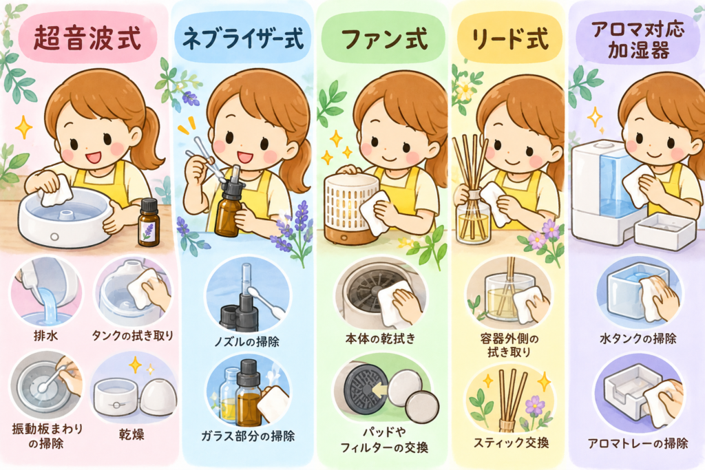 アロマディフューザーのタイプ別お手入れ方法