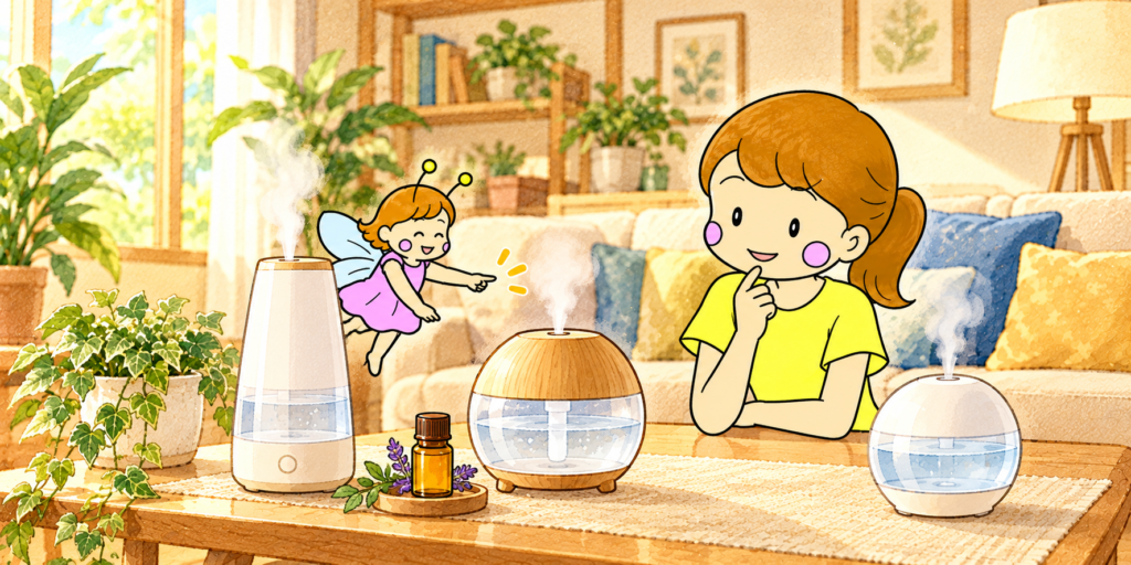 リビングに置いたアロマ対応加湿器