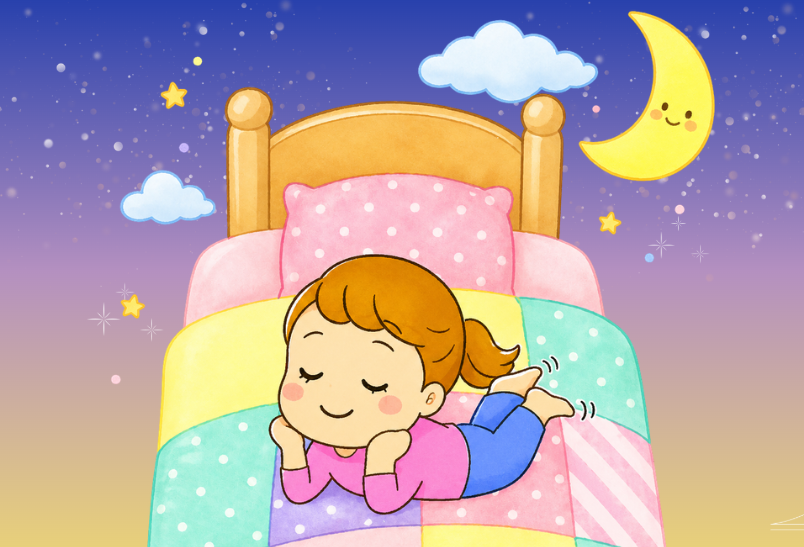 夜のベッドでくつろぐ様子